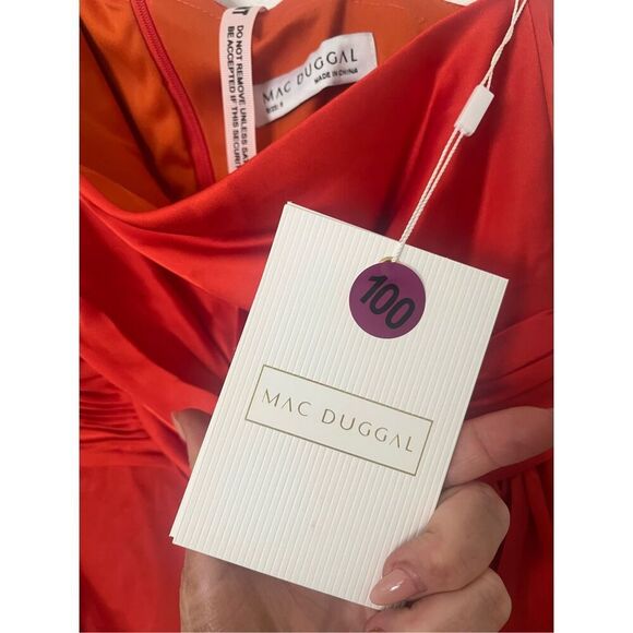 Mac Duggal Satin One Shoulder Long Sleeve Draped Back Tulip Hem Mini Dress NEW N - Picture 6 of 8